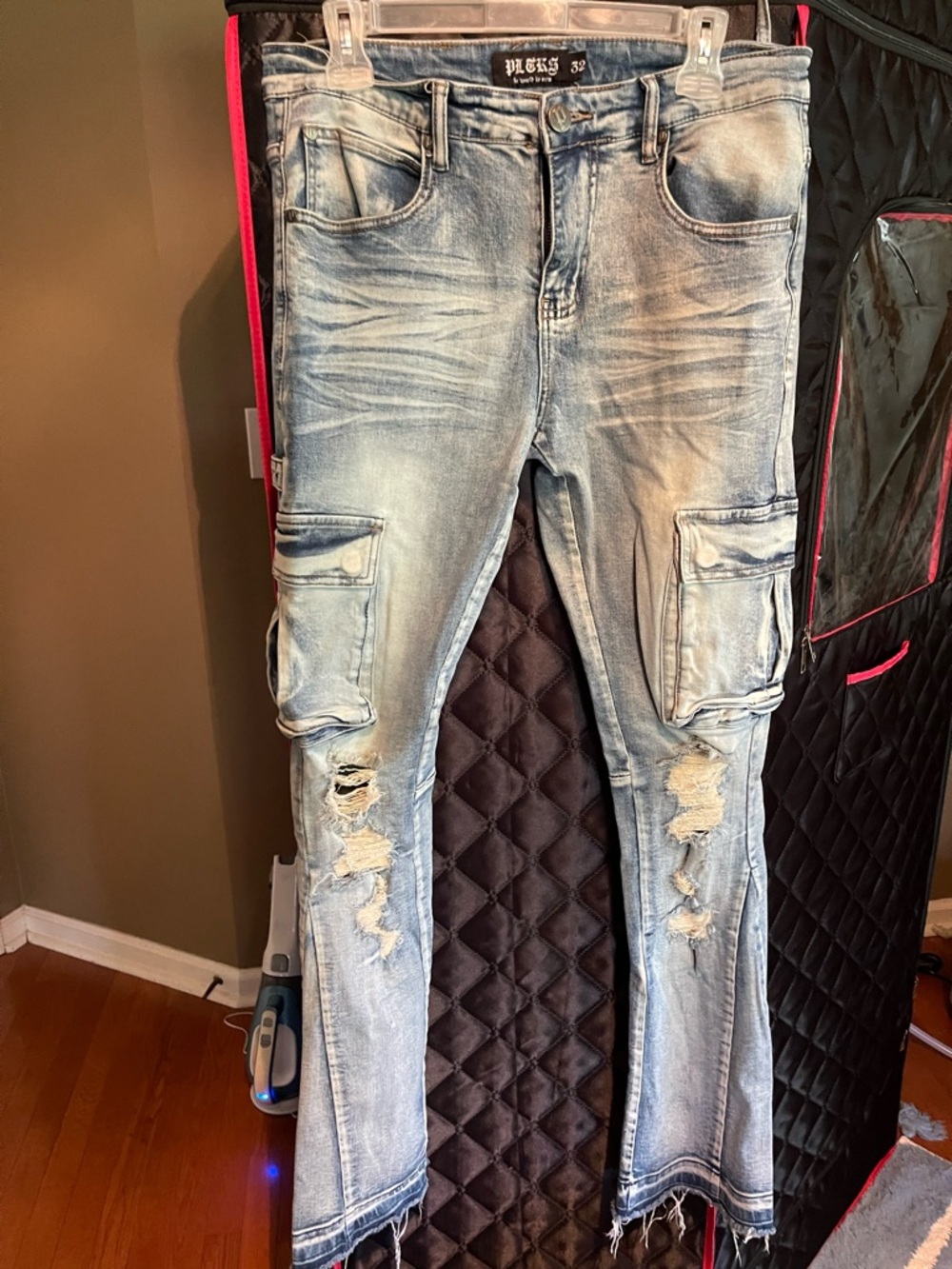 PLTKS Men’s Distressed Light Wash Cargo Flare leg Jeans